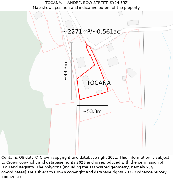 TOCANA, LLANDRE, BOW STREET, SY24 5BZ: Plot and title map