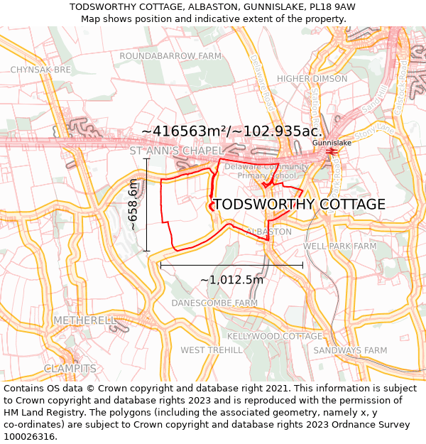 TODSWORTHY COTTAGE, ALBASTON, GUNNISLAKE, PL18 9AW: Plot and title map