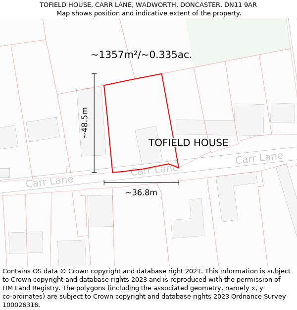 TOFIELD HOUSE, CARR LANE, WADWORTH, DONCASTER, DN11 9AR: Plot and title map