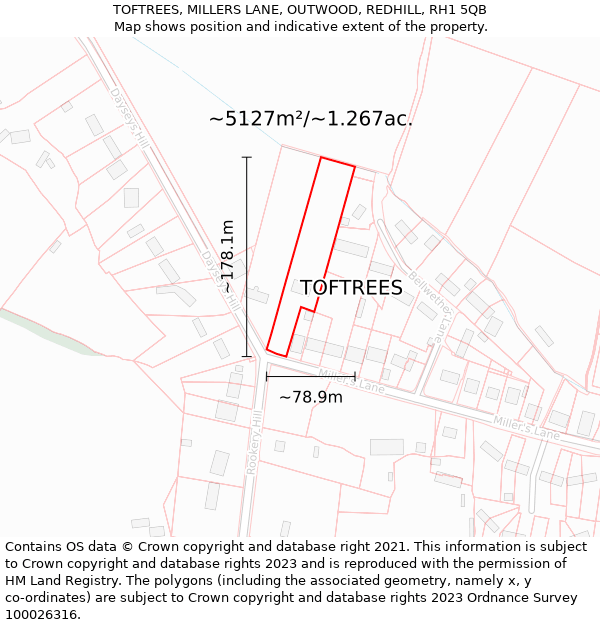 TOFTREES, MILLERS LANE, OUTWOOD, REDHILL, RH1 5QB: Plot and title map