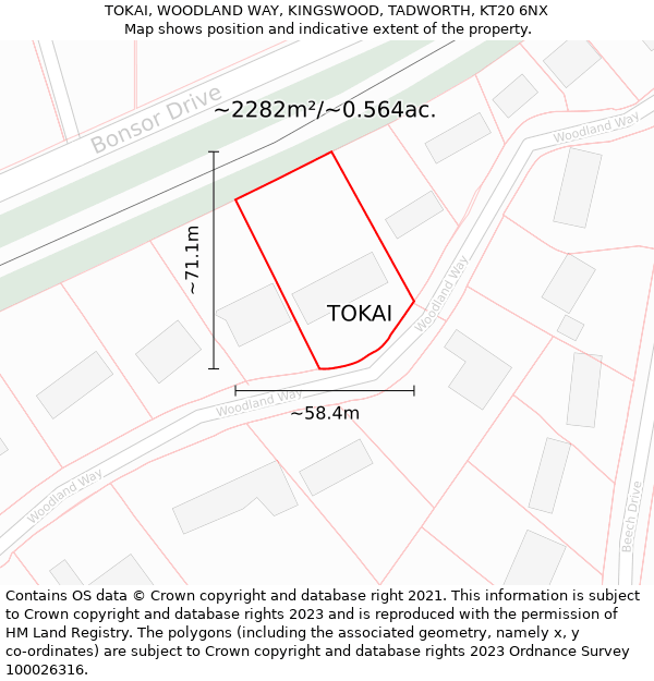 TOKAI, WOODLAND WAY, KINGSWOOD, TADWORTH, KT20 6NX: Plot and title map