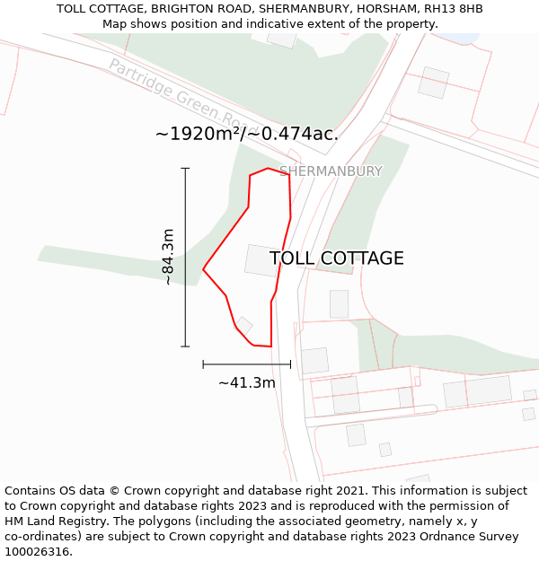 TOLL COTTAGE, BRIGHTON ROAD, SHERMANBURY, HORSHAM, RH13 8HB: Plot and title map