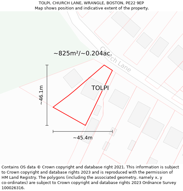 TOLPI, CHURCH LANE, WRANGLE, BOSTON, PE22 9EP: Plot and title map