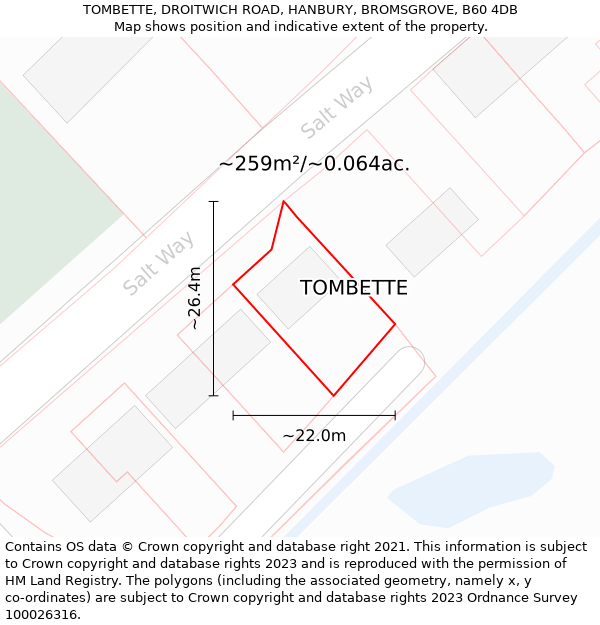 TOMBETTE, DROITWICH ROAD, HANBURY, BROMSGROVE, B60 4DB: Plot and title map