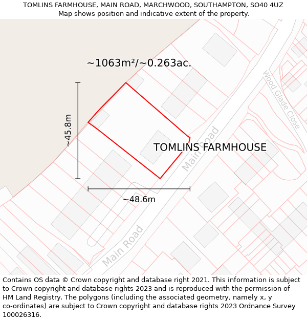 TOMLINS FARMHOUSE, MAIN ROAD, MARCHWOOD, SOUTHAMPTON, SO40 4UZ: Plot and title map