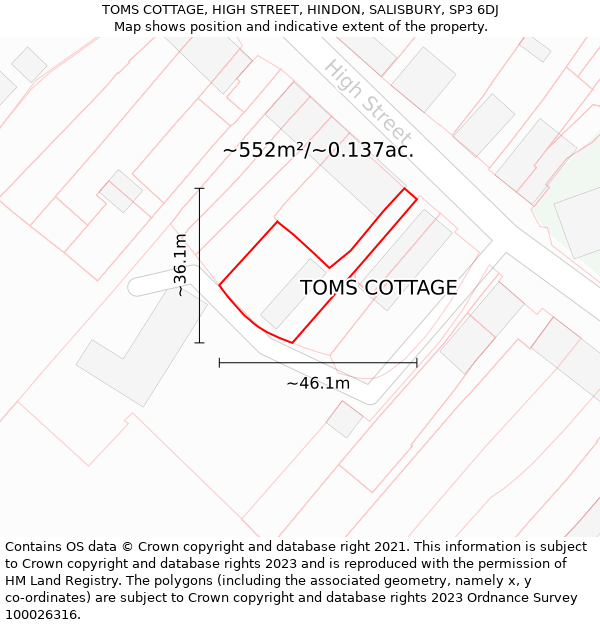 TOMS COTTAGE, HIGH STREET, HINDON, SALISBURY, SP3 6DJ: Plot and title map