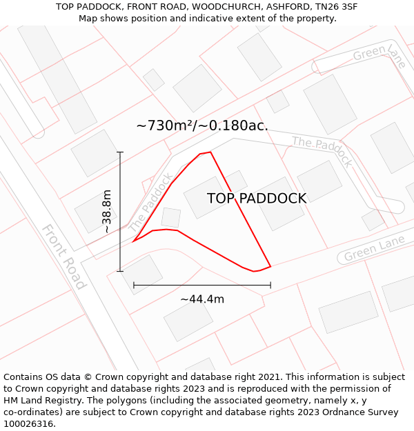 TOP PADDOCK, FRONT ROAD, WOODCHURCH, ASHFORD, TN26 3SF: Plot and title map