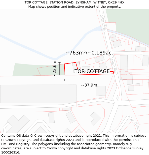 TOR COTTAGE, STATION ROAD, EYNSHAM, WITNEY, OX29 4HX: Plot and title map
