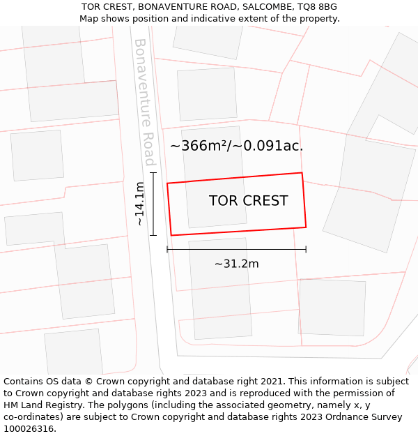TOR CREST, BONAVENTURE ROAD, SALCOMBE, TQ8 8BG: Plot and title map