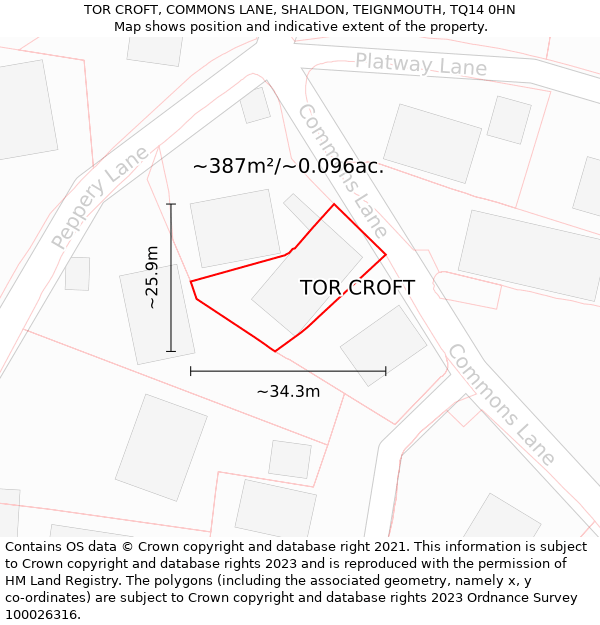 TOR CROFT, COMMONS LANE, SHALDON, TEIGNMOUTH, TQ14 0HN: Plot and title map