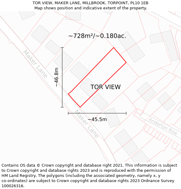 TOR VIEW, MAKER LANE, MILLBROOK, TORPOINT, PL10 1EB: Plot and title map