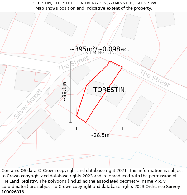 TORESTIN, THE STREET, KILMINGTON, AXMINSTER, EX13 7RW: Plot and title map