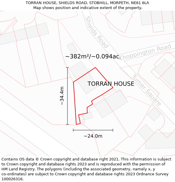 TORRAN HOUSE, SHIELDS ROAD, STOBHILL, MORPETH, NE61 6LA: Plot and title map