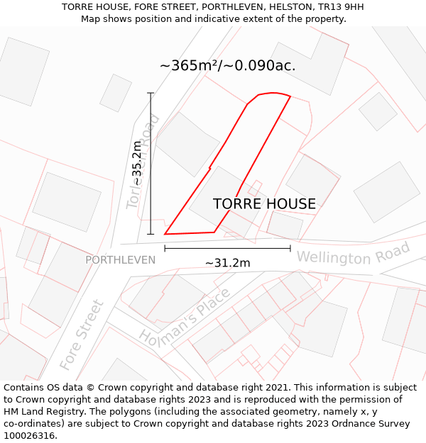 TORRE HOUSE, FORE STREET, PORTHLEVEN, HELSTON, TR13 9HH: Plot and title map