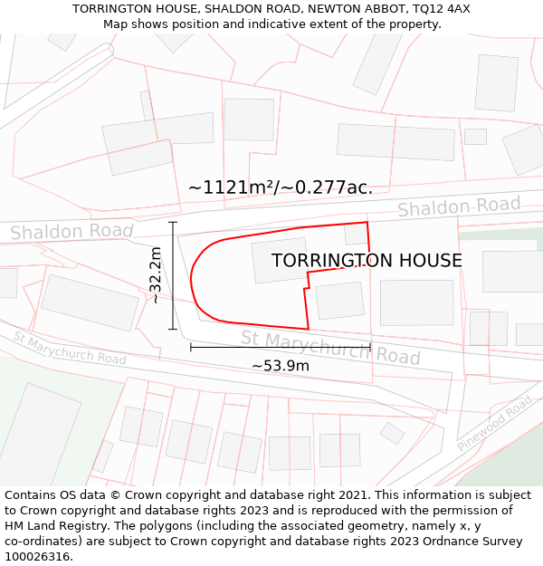 TORRINGTON HOUSE, SHALDON ROAD, NEWTON ABBOT, TQ12 4AX: Plot and title map