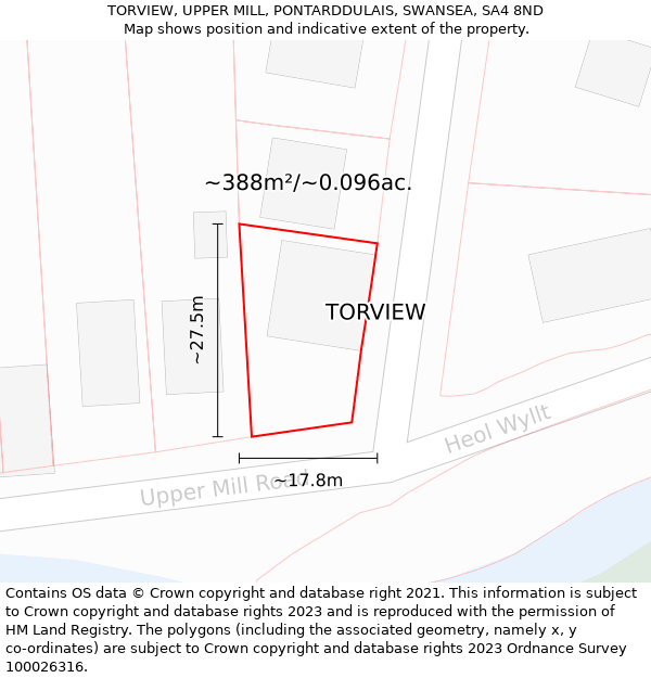 TORVIEW, UPPER MILL, PONTARDDULAIS, SWANSEA, SA4 8ND: Plot and title map