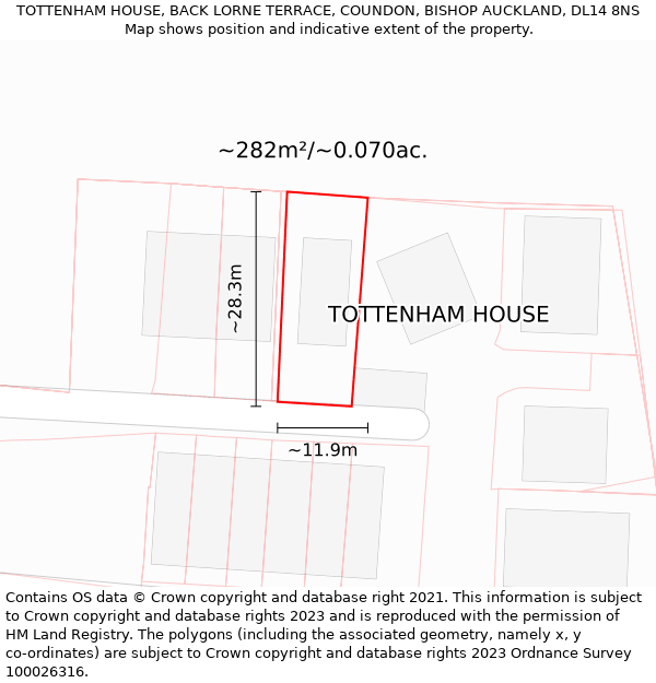 TOTTENHAM HOUSE, BACK LORNE TERRACE, COUNDON, BISHOP AUCKLAND, DL14 8NS: Plot and title map