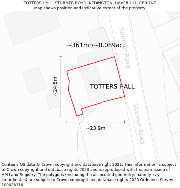 TOTTERS HALL, STURMER ROAD, KEDINGTON, HAVERHILL, CB9 7NT: Plot and title map