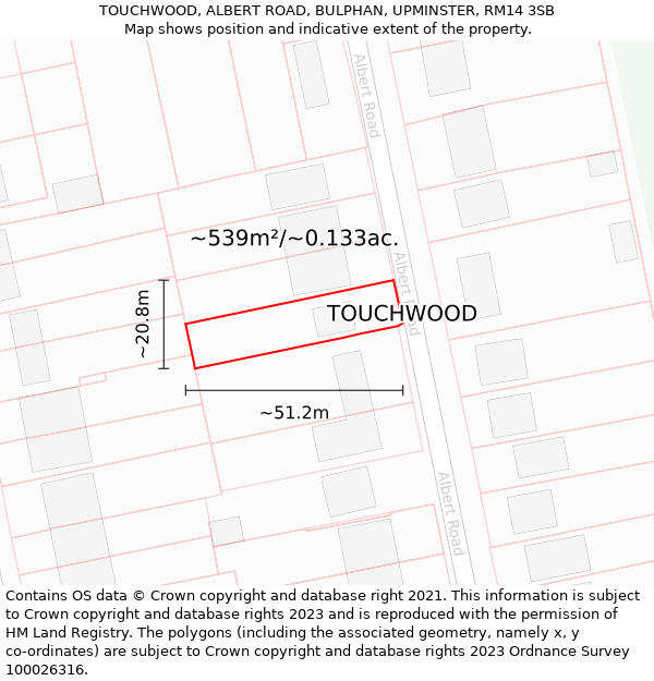 TOUCHWOOD, ALBERT ROAD, BULPHAN, UPMINSTER, RM14 3SB: Plot and title map