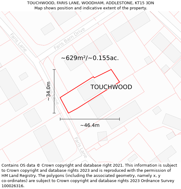 TOUCHWOOD, FARIS LANE, WOODHAM, ADDLESTONE, KT15 3DN: Plot and title map