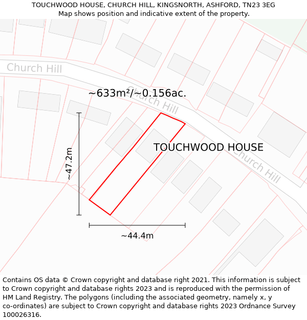 TOUCHWOOD HOUSE, CHURCH HILL, KINGSNORTH, ASHFORD, TN23 3EG: Plot and title map