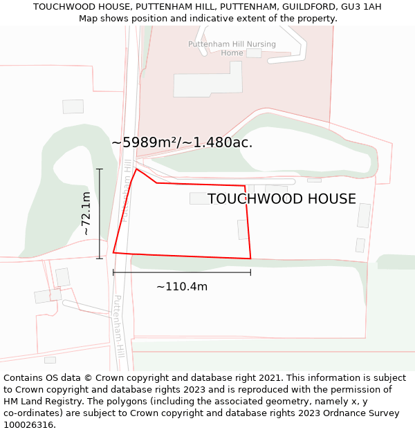 TOUCHWOOD HOUSE, PUTTENHAM HILL, PUTTENHAM, GUILDFORD, GU3 1AH: Plot and title map