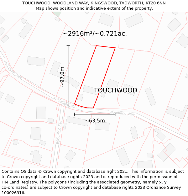 TOUCHWOOD, WOODLAND WAY, KINGSWOOD, TADWORTH, KT20 6NN: Plot and title map