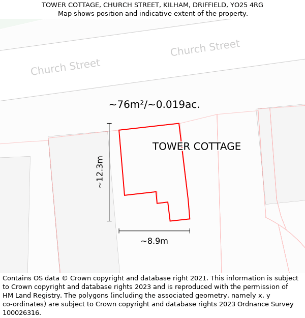 TOWER COTTAGE, CHURCH STREET, KILHAM, DRIFFIELD, YO25 4RG: Plot and title map