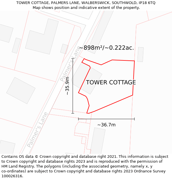 TOWER COTTAGE, PALMERS LANE, WALBERSWICK, SOUTHWOLD, IP18 6TQ: Plot and title map