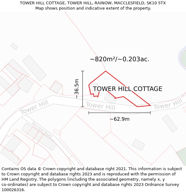 TOWER HILL COTTAGE, TOWER HILL, RAINOW, MACCLESFIELD, SK10 5TX: Plot and title map