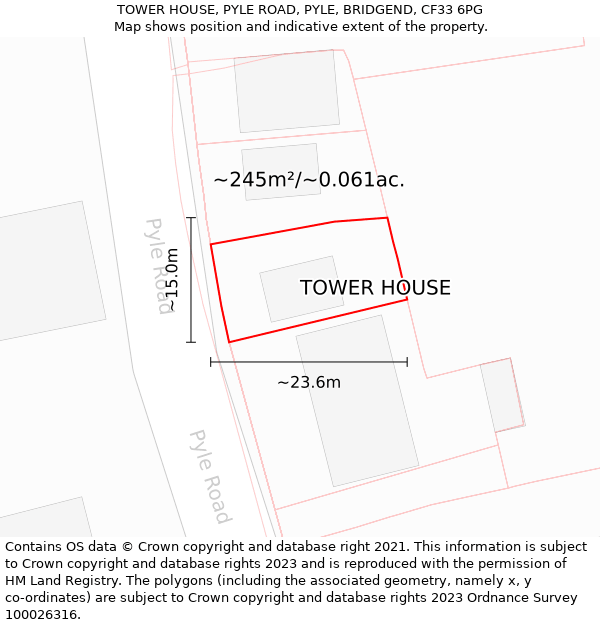 TOWER HOUSE, PYLE ROAD, PYLE, BRIDGEND, CF33 6PG: Plot and title map