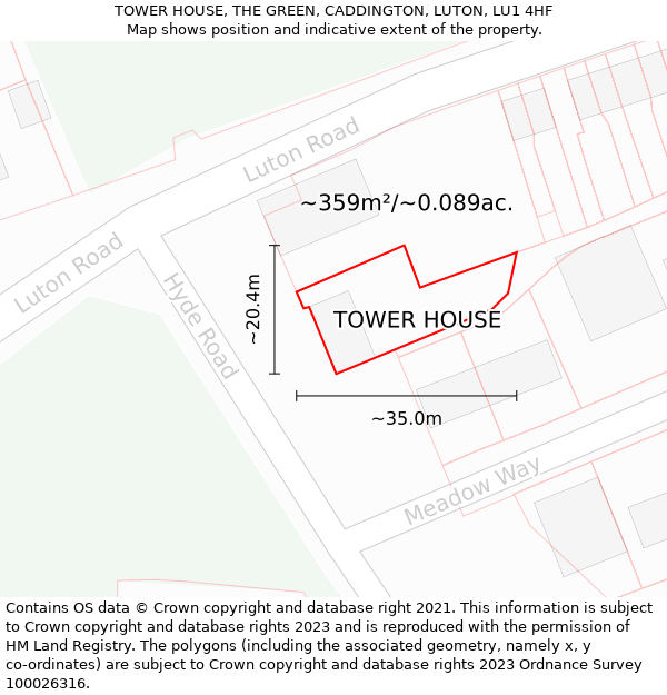 TOWER HOUSE, THE GREEN, CADDINGTON, LUTON, LU1 4HF: Plot and title map