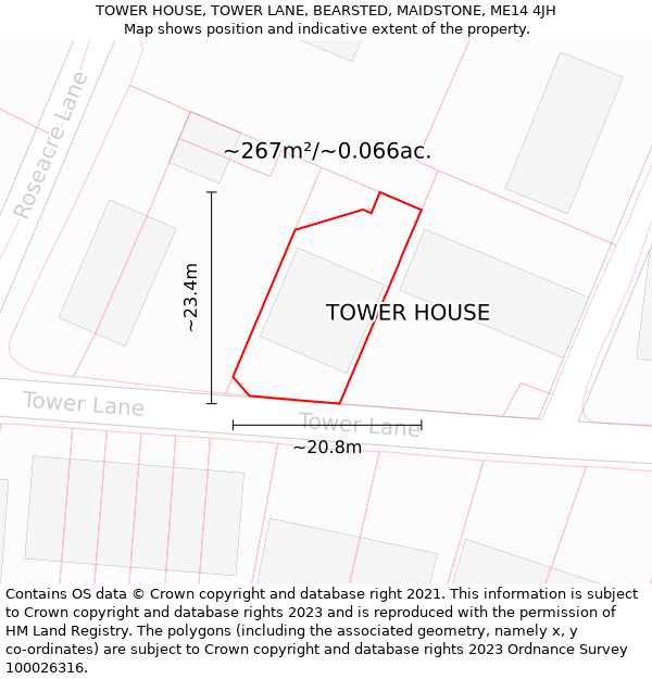 TOWER HOUSE, TOWER LANE, BEARSTED, MAIDSTONE, ME14 4JH: Plot and title map