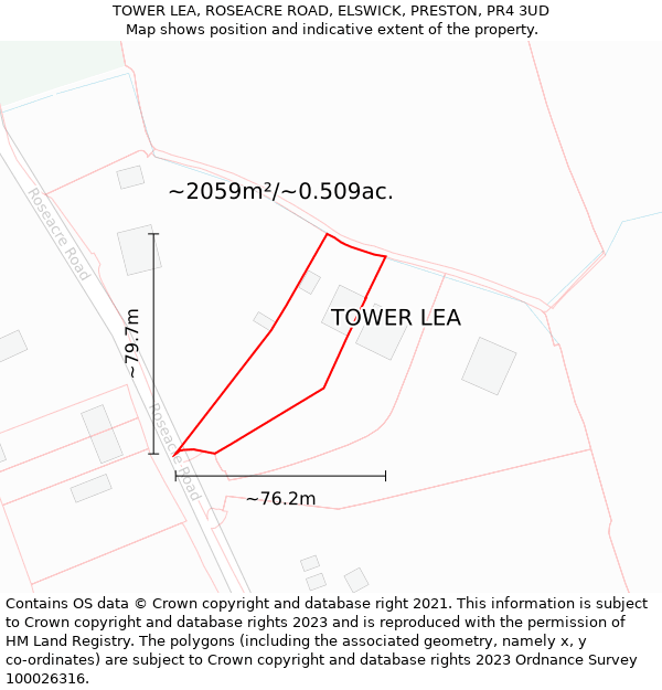 TOWER LEA, ROSEACRE ROAD, ELSWICK, PRESTON, PR4 3UD: Plot and title map
