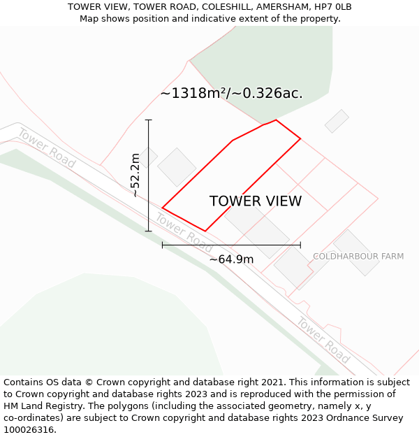 TOWER VIEW, TOWER ROAD, COLESHILL, AMERSHAM, HP7 0LB: Plot and title map