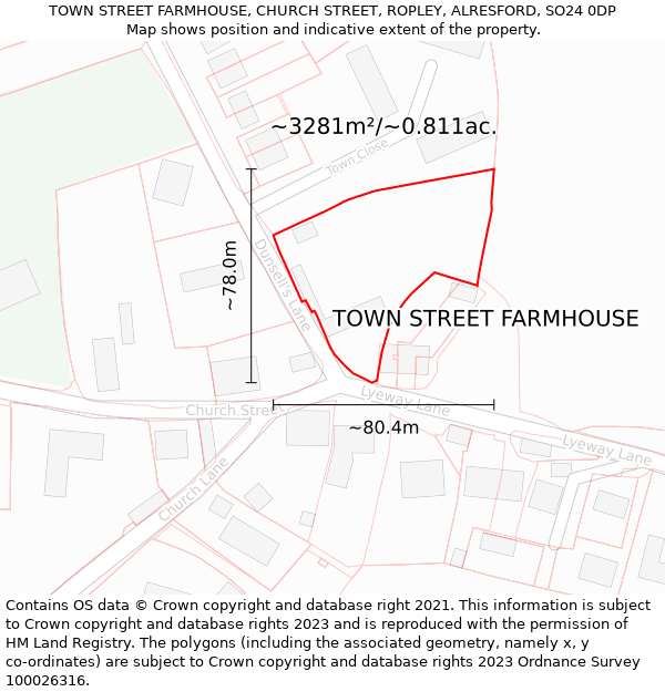 TOWN STREET FARMHOUSE, CHURCH STREET, ROPLEY, ALRESFORD, SO24 0DP: Plot and title map