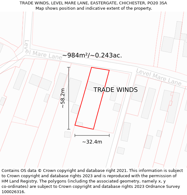TRADE WINDS, LEVEL MARE LANE, EASTERGATE, CHICHESTER, PO20 3SA: Plot and title map
