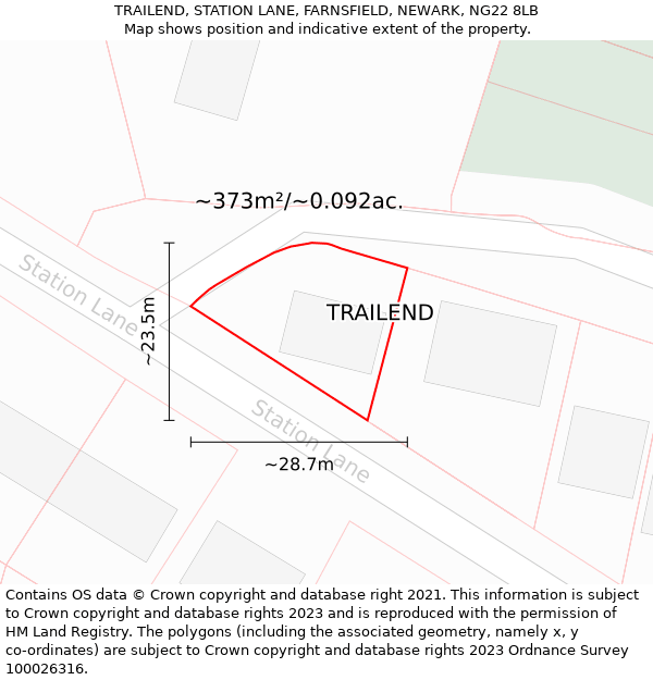TRAILEND, STATION LANE, FARNSFIELD, NEWARK, NG22 8LB: Plot and title map
