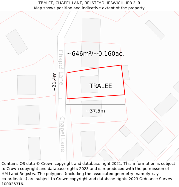 TRALEE, CHAPEL LANE, BELSTEAD, IPSWICH, IP8 3LR: Plot and title map