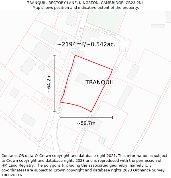 TRANQUIL, RECTORY LANE, KINGSTON, CAMBRIDGE, CB23 2NL: Plot and title map