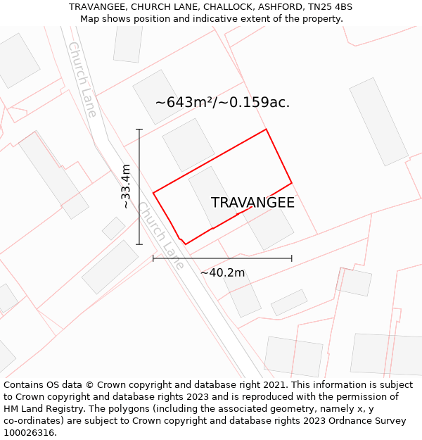 TRAVANGEE, CHURCH LANE, CHALLOCK, ASHFORD, TN25 4BS: Plot and title map