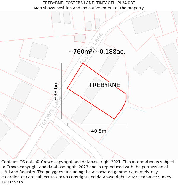 TREBYRNE, FOSTERS LANE, TINTAGEL, PL34 0BT: Plot and title map