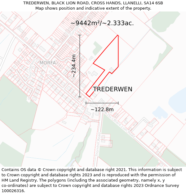 TREDERWEN, BLACK LION ROAD, CROSS HANDS, LLANELLI, SA14 6SB: Plot and title map