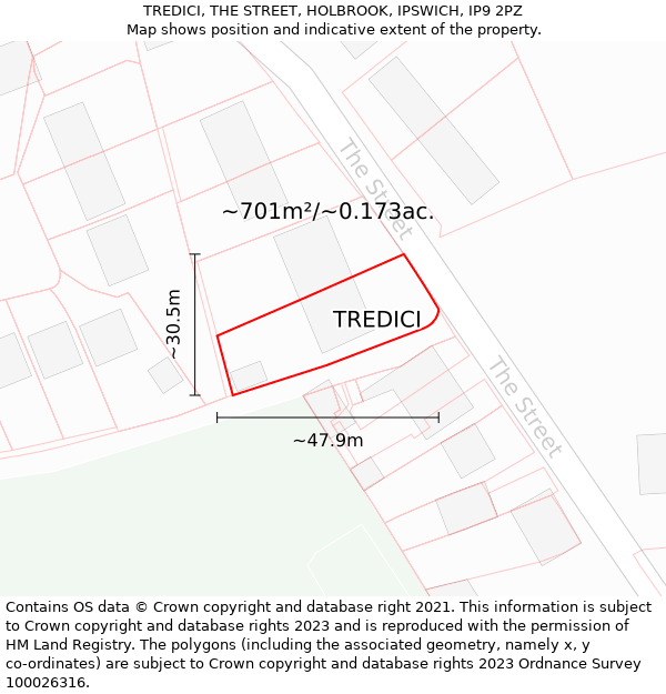 TREDICI, THE STREET, HOLBROOK, IPSWICH, IP9 2PZ: Plot and title map