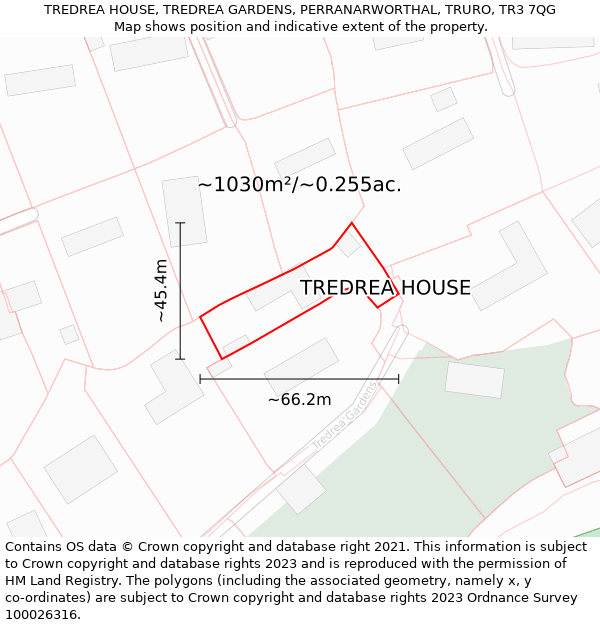 TREDREA HOUSE, TREDREA GARDENS, PERRANARWORTHAL, TRURO, TR3 7QG: Plot and title map