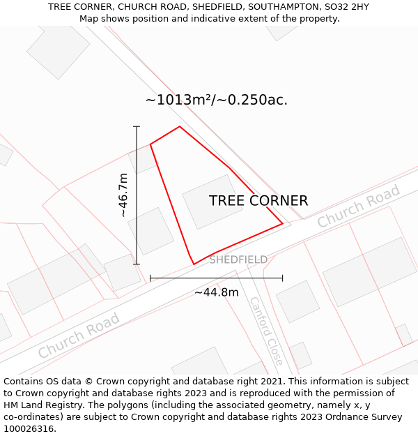 TREE CORNER, CHURCH ROAD, SHEDFIELD, SOUTHAMPTON, SO32 2HY: Plot and title map