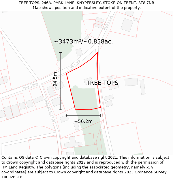 TREE TOPS, 246A, PARK LANE, KNYPERSLEY, STOKE-ON-TRENT, ST8 7NR: Plot and title map