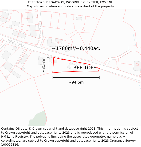 TREE TOPS, BROADWAY, WOODBURY, EXETER, EX5 1NL: Plot and title map