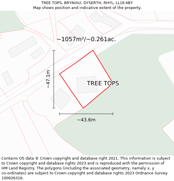 TREE TOPS, BRYNIAU, DYSERTH, RHYL, LL18 6BY: Plot and title map