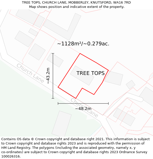 TREE TOPS, CHURCH LANE, MOBBERLEY, KNUTSFORD, WA16 7RD: Plot and title map